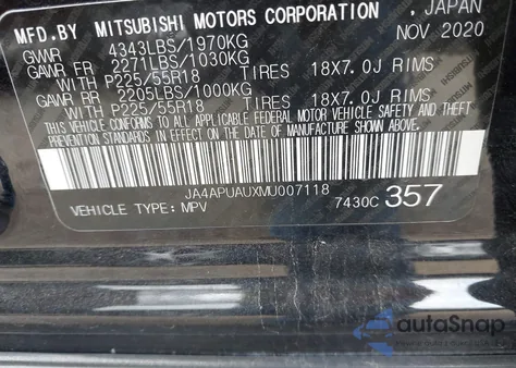 2021 Mitsubishi Outlander Sport 2.0 Be 2Wd/2.0 Es 2Wd/2.0 Le 2Wd/2.0 S 2Wd from USA, damaged, VIN JA4APUAUXMU007118